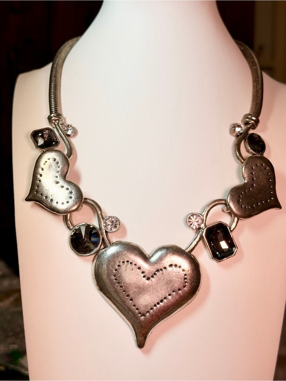 Stunning Silver Heart Statement Necklace with Grey-Blue and Clear Crystal Accent